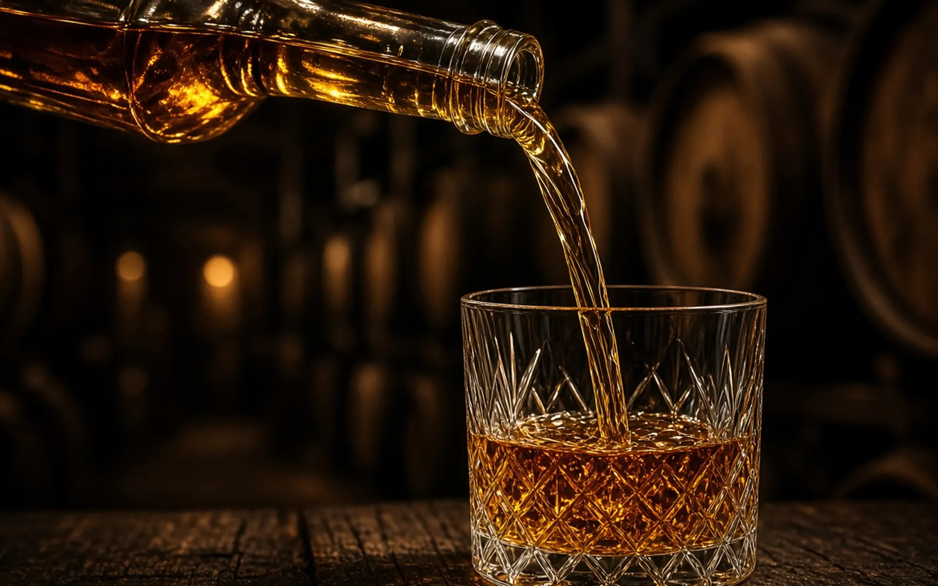 Amber bourbon whiskey poured into a crystal tumbler beside aging oak barrels in a dim spirits cellar