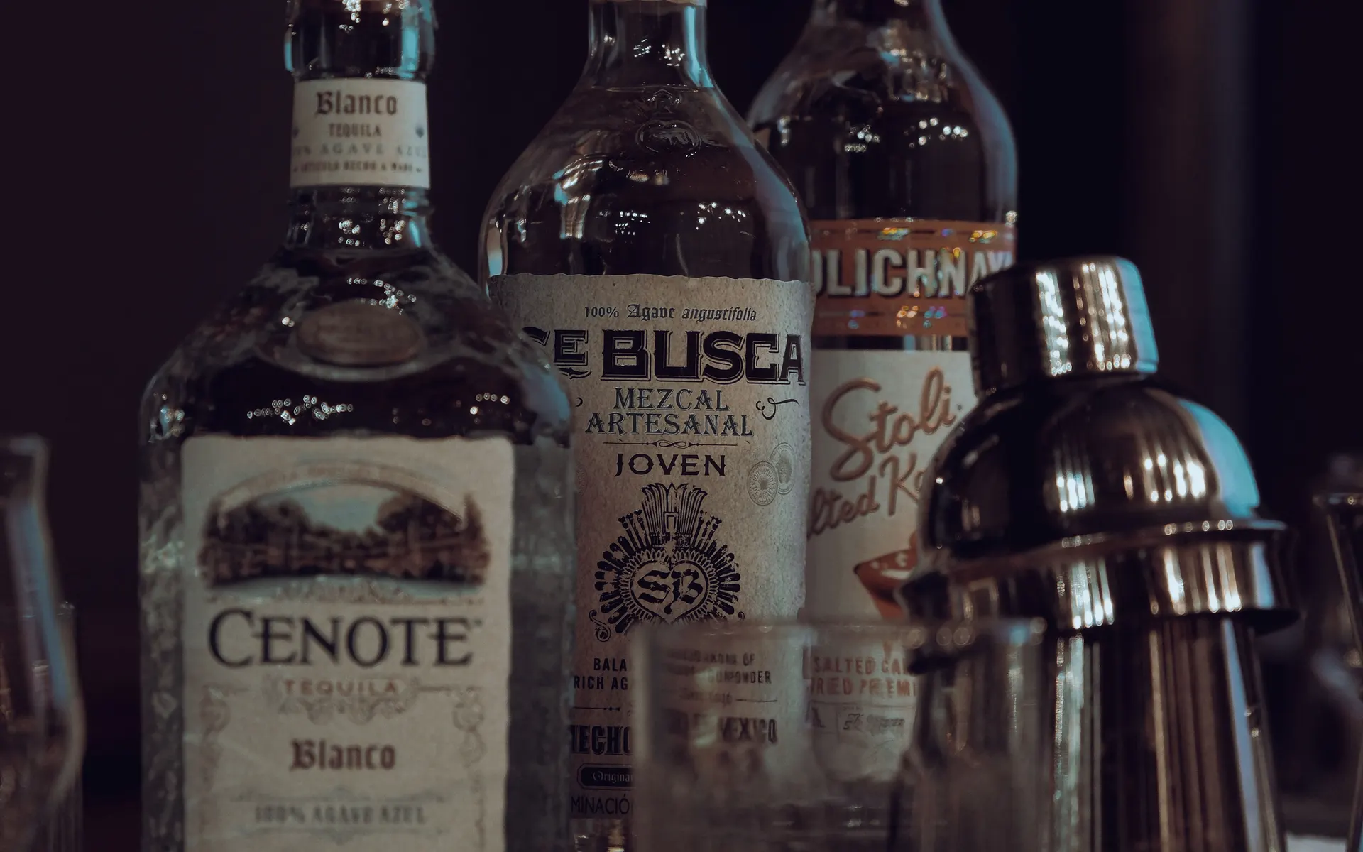 Close-up of blanco tequila and artisanal mezcal bottles with a cocktail shaker on a bar counter