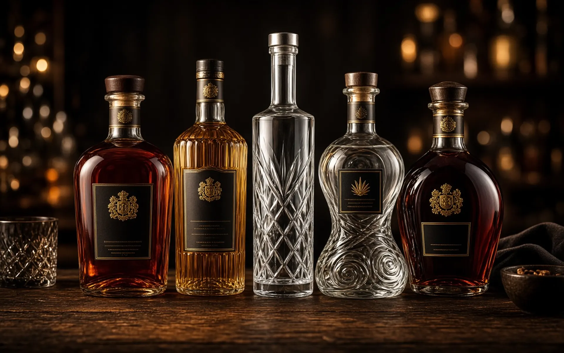 Lineup of rare cask-strength whiskey, vodka, and tequila decanters displayed on a bar shelf